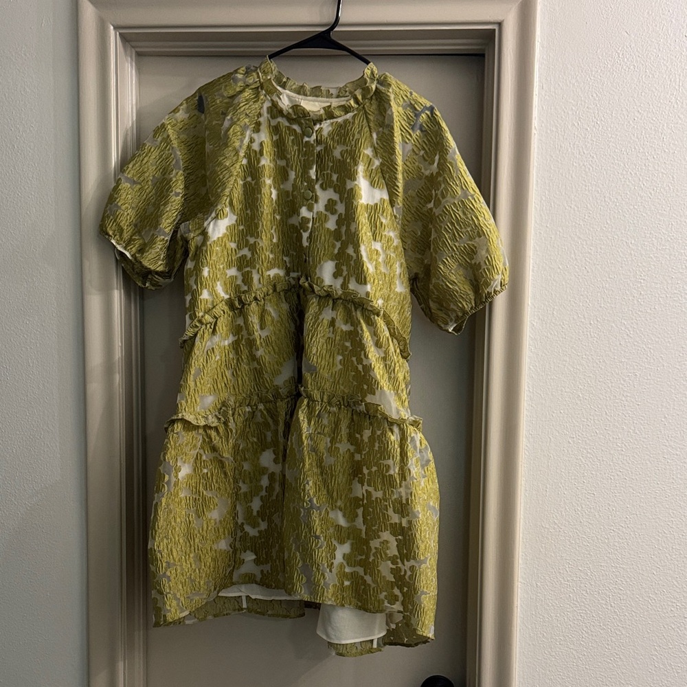 Anthropologie Green and White Tiered Jacquard Dress